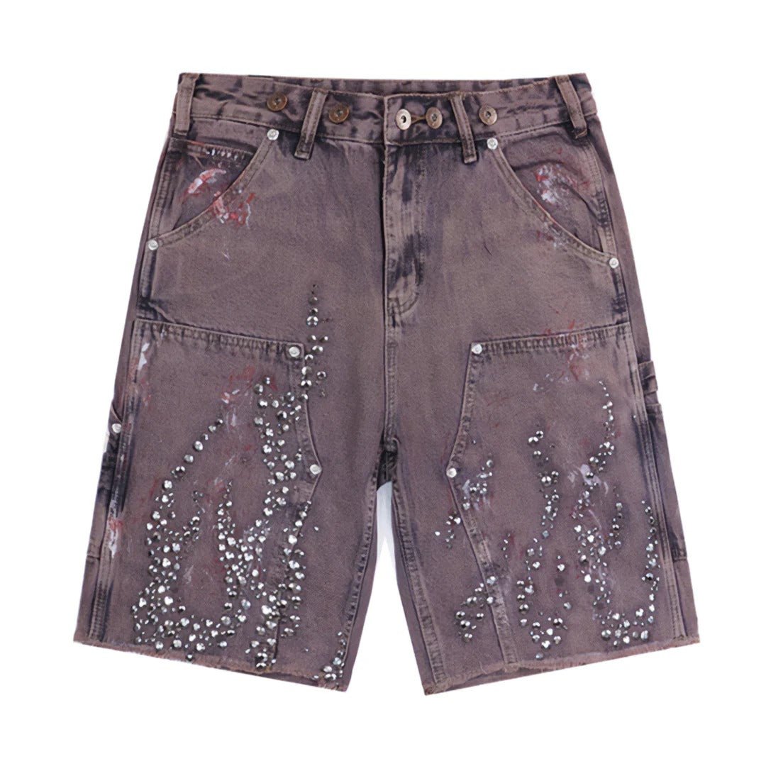 Flame Studded Denim Shorts - Thrashink