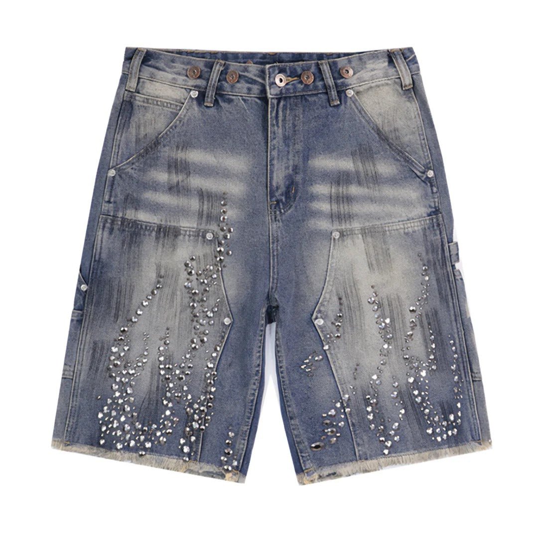 Flame Studded Denim Shorts - Thrashink