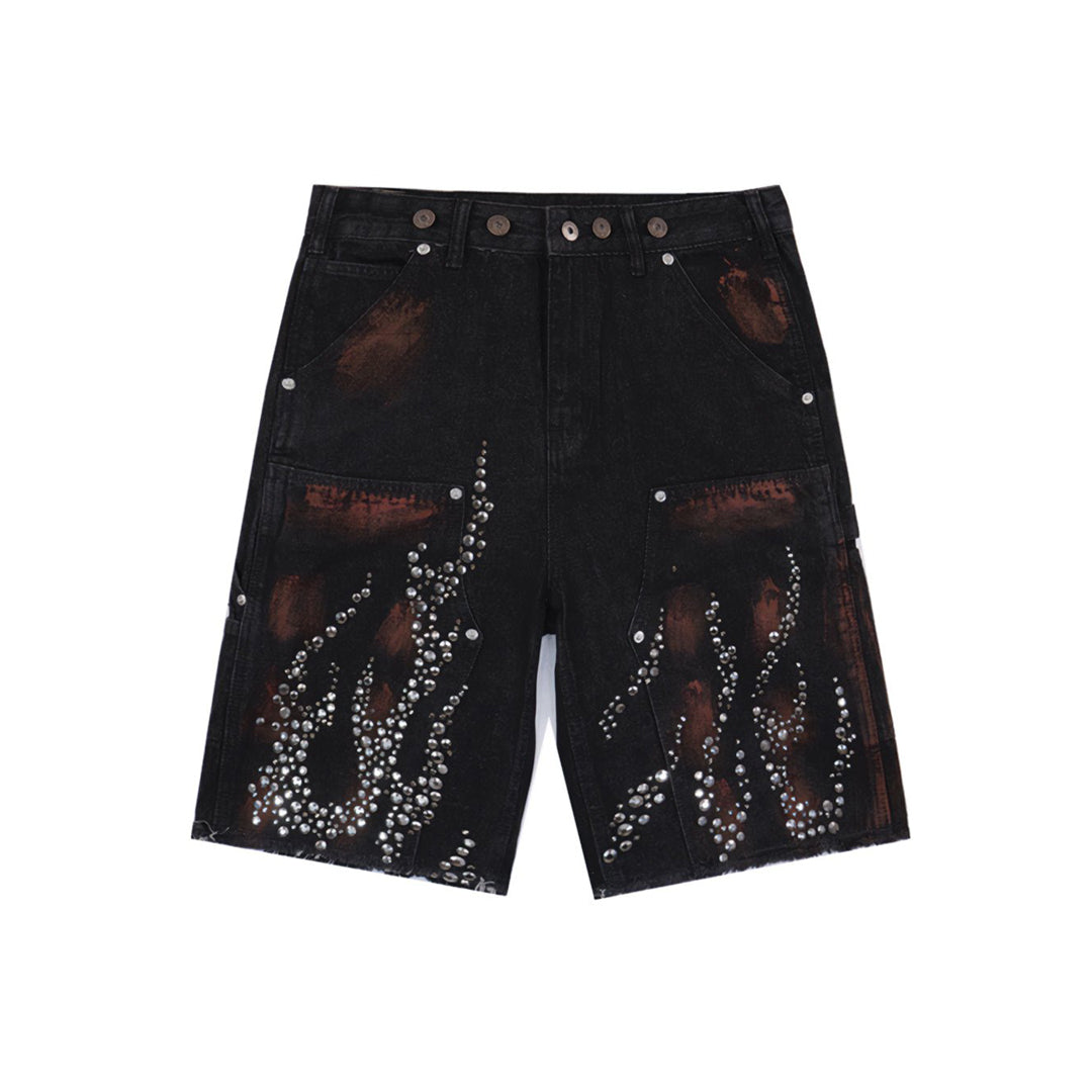 Flame Studded Denim Shorts - Thrashink