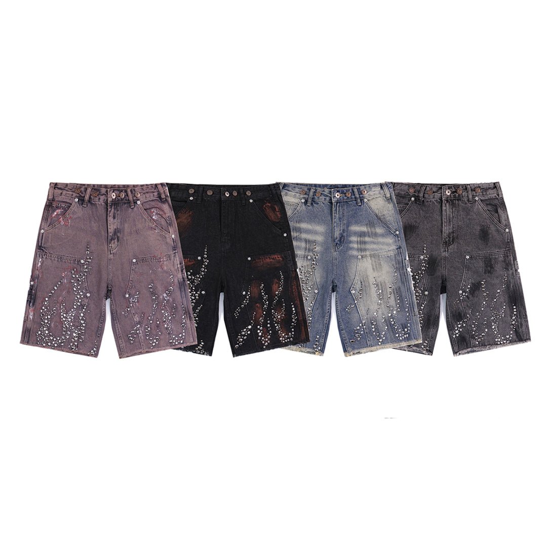 Flame Studded Denim Shorts - Thrashink