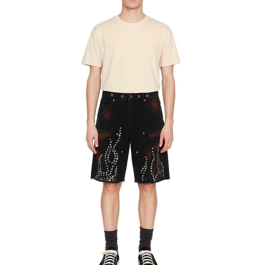 Flame Studded Denim Shorts - Thrashink
