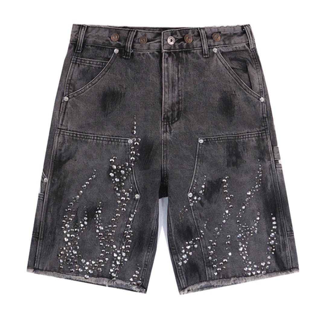 Flame Studded Denim Shorts - Thrashink