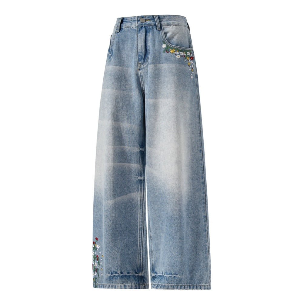 Floral Embroidered Washed Jeans - Thrashink