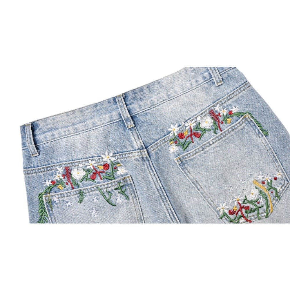 Floral Embroidered Washed Jeans - Thrashink