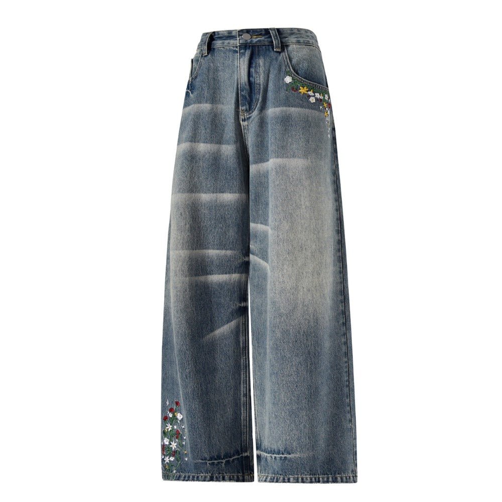 Floral Embroidered Washed Jeans - Thrashink