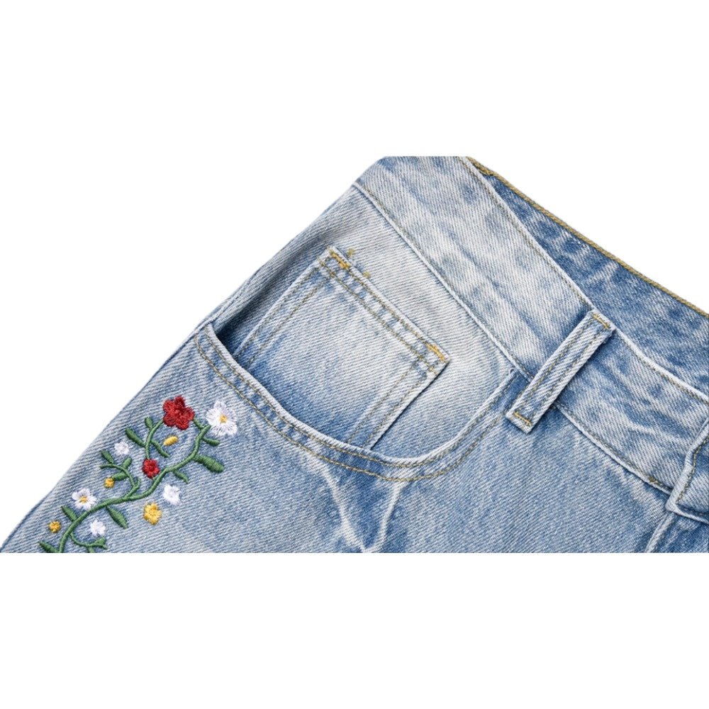 Floral Embroidered Washed Jeans - Thrashink