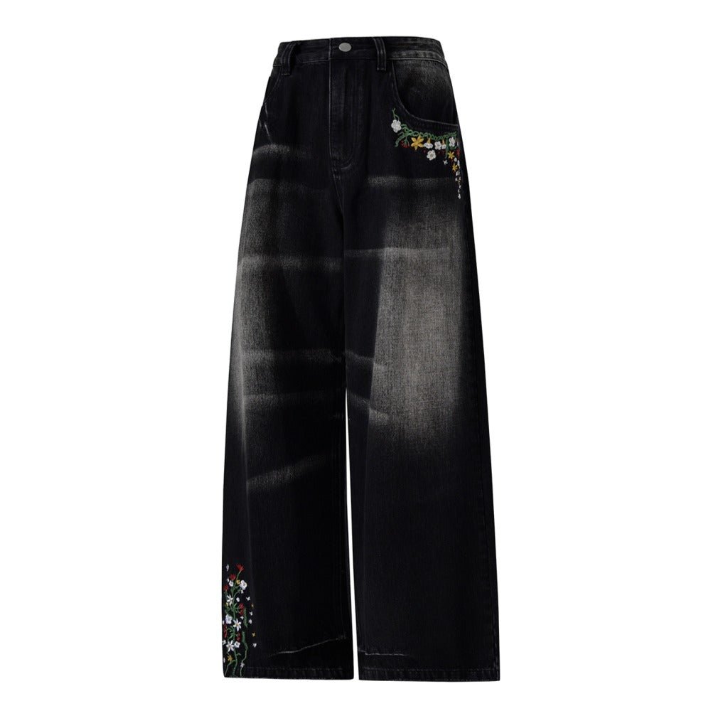 Floral Embroidered Washed Jeans - Thrashink