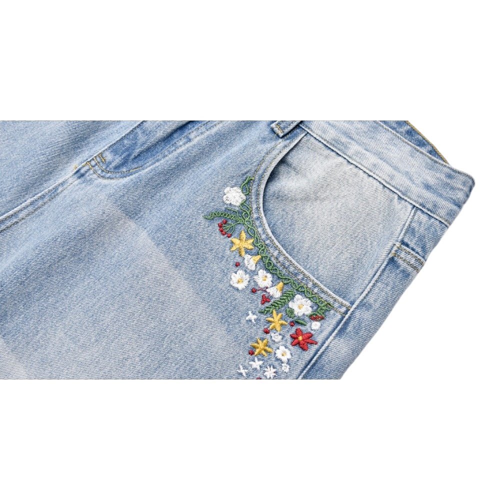 Floral Embroidered Washed Jeans - Thrashink