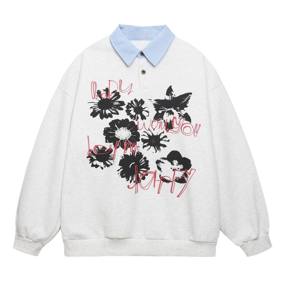 Floral Script Polo Sweatshirt - Thrashink