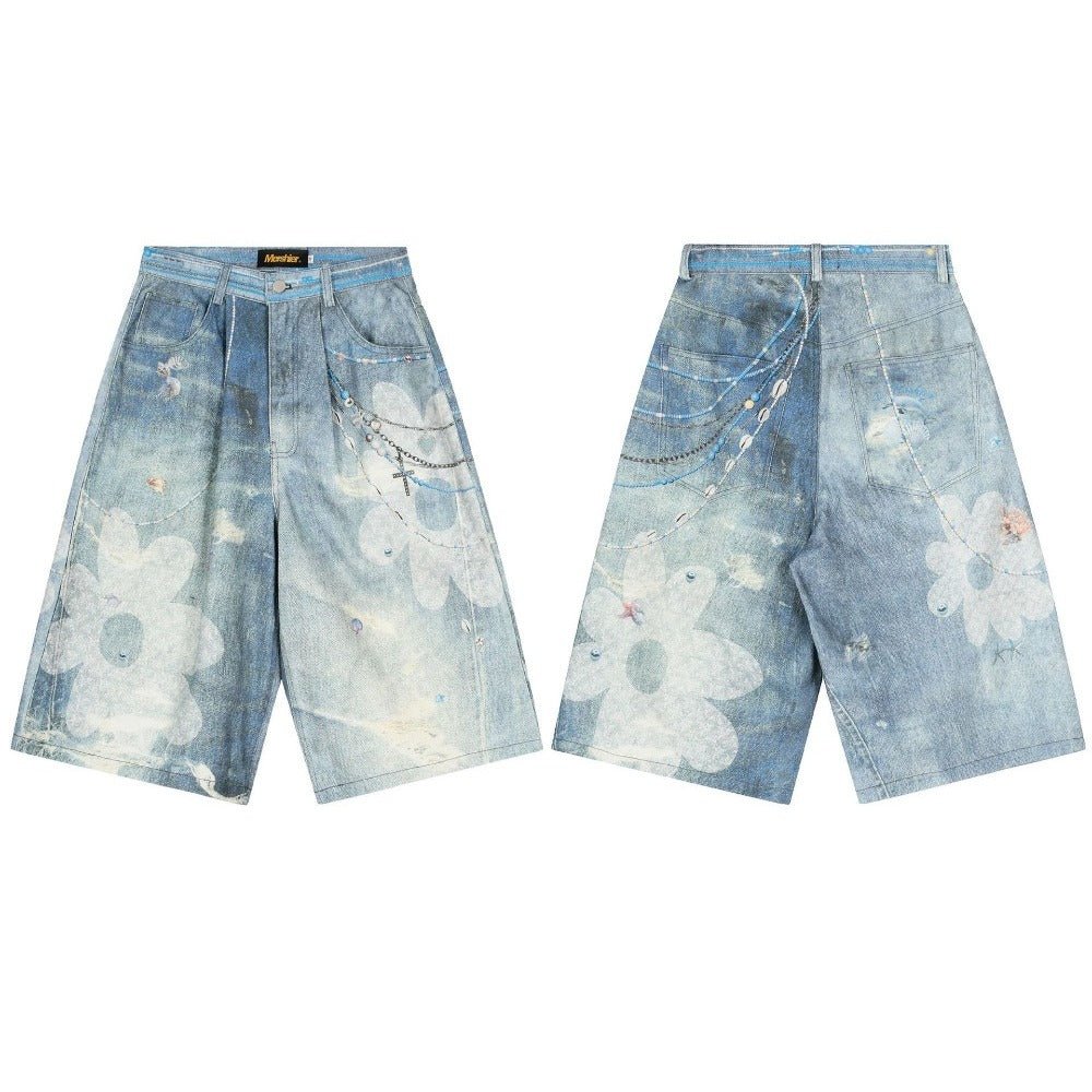 Flower Chain Denim Shorts - Thrashink