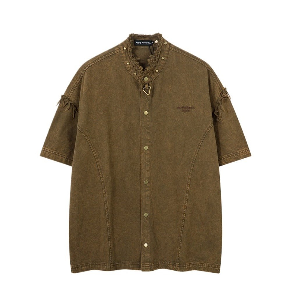 Frayed Rivet Denim Shirt - Thrashink