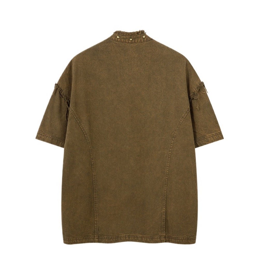 Frayed Rivet Denim Shirt - Thrashink