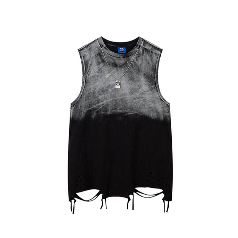 Fringed Hem Gradient Ripped Tank Tops - Thrashink