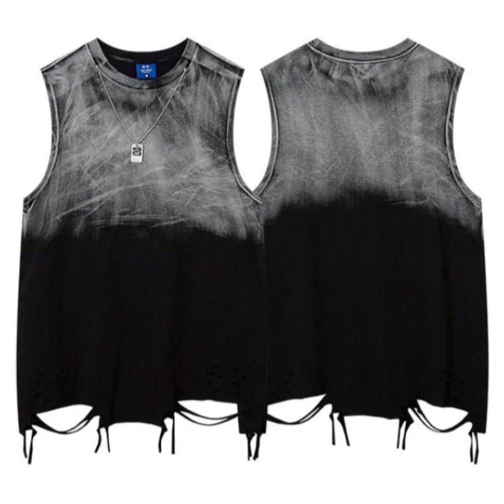 Fringed Hem Gradient Ripped Tank Tops - Thrashink