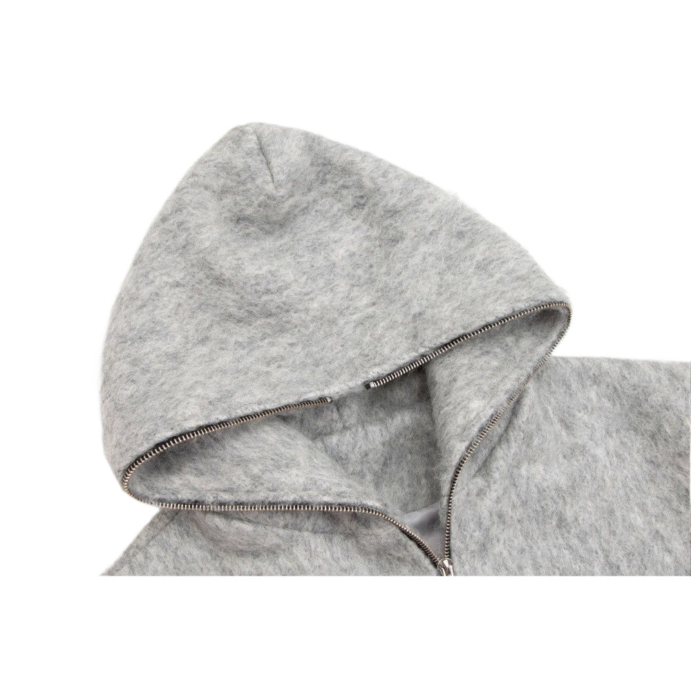 Fully Zip - up Hooded Mohair Short Wide Jacket - Thrashink