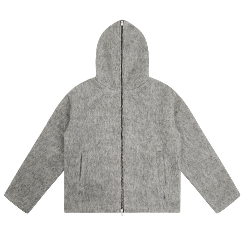 Fully Zip - up Hooded Mohair Short Wide Jacket - Thrashink