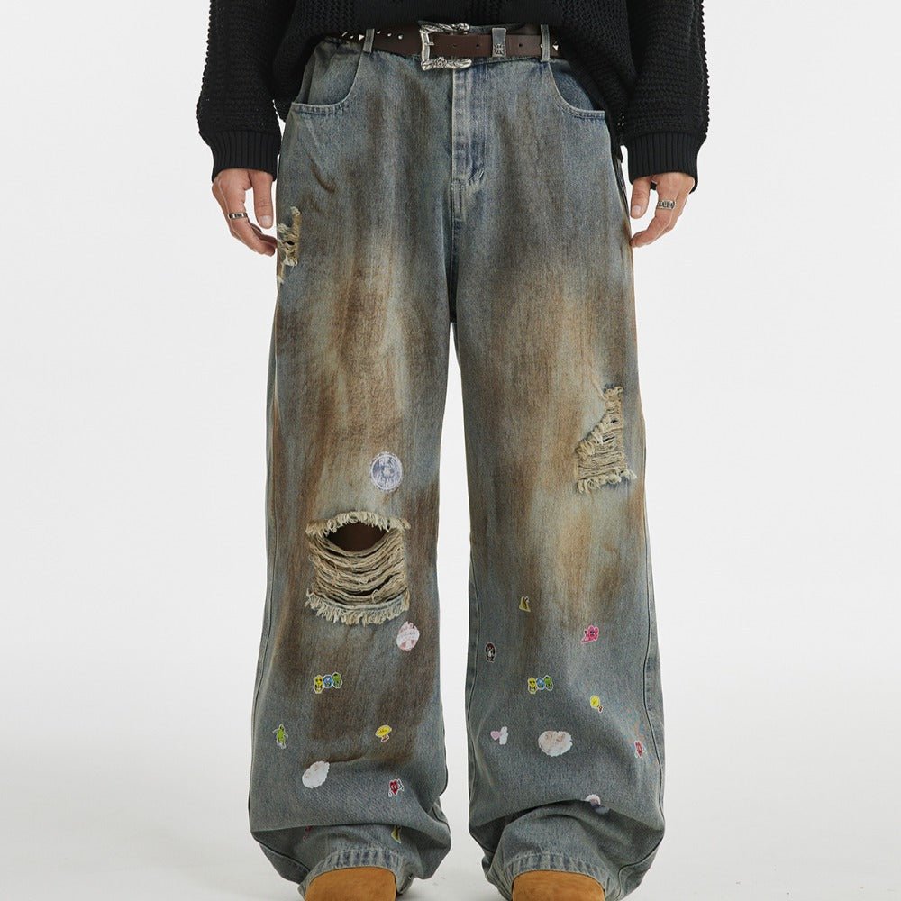 Fun Cartoon Print Ripped Jeans - Thrashink