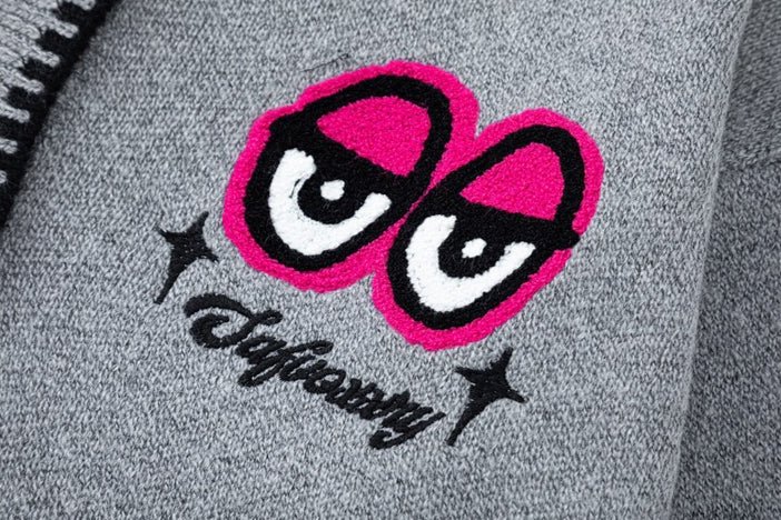 Funky Eye Embroidered Knitted Hoodie - Thrashink