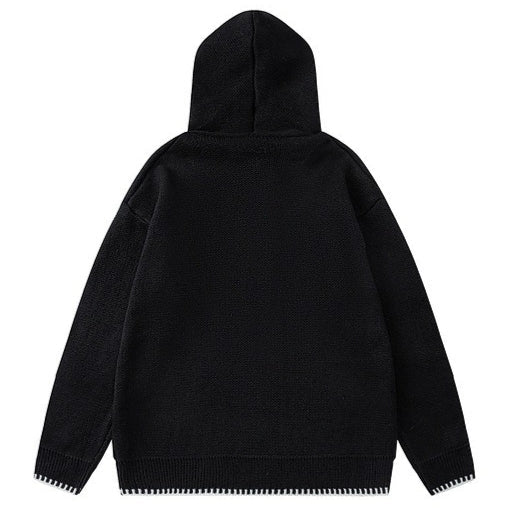 Funky Eye Embroidered Knitted Hoodie - Thrashink