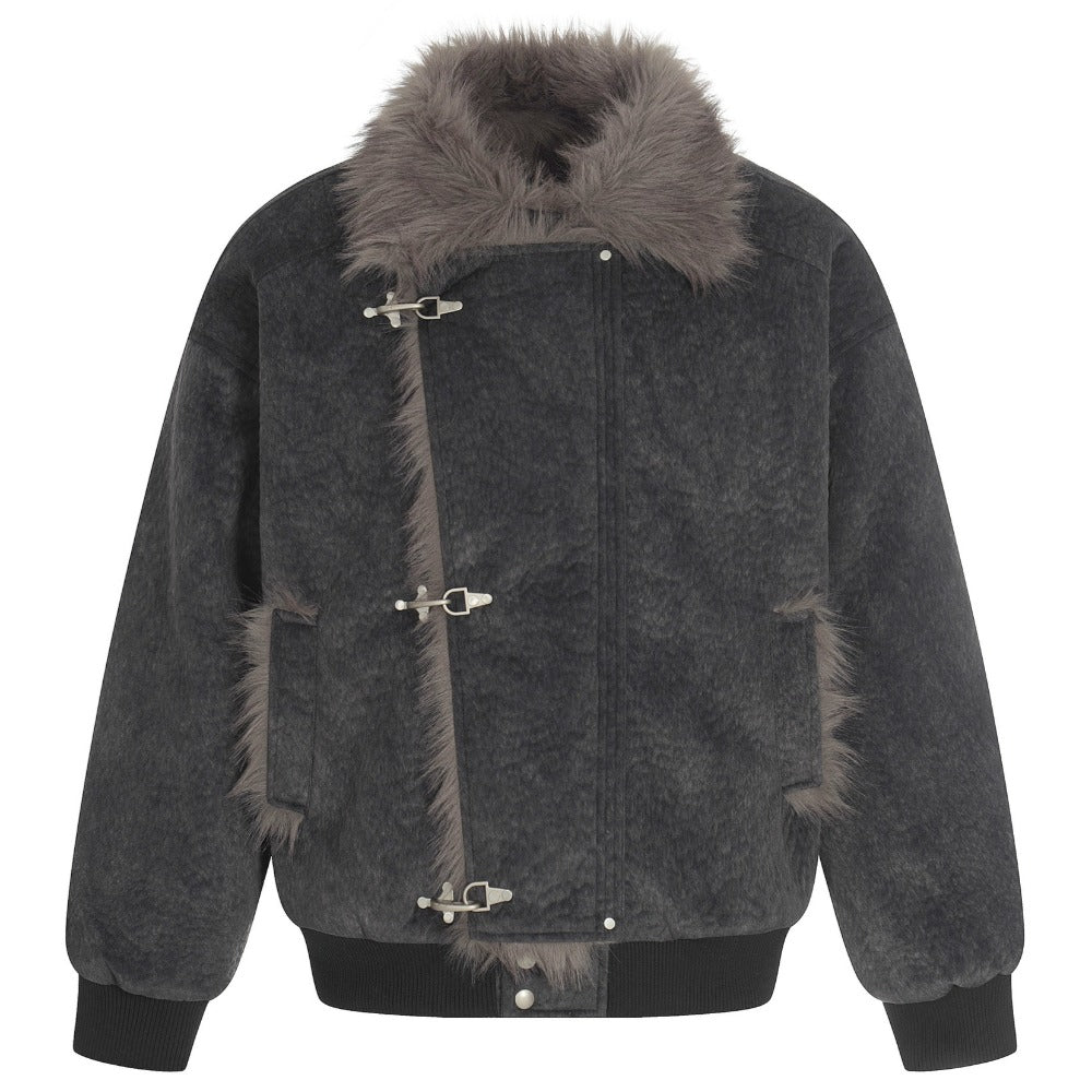 Fur Collar Toggle Shearling Bomber Jacket - Thrashink