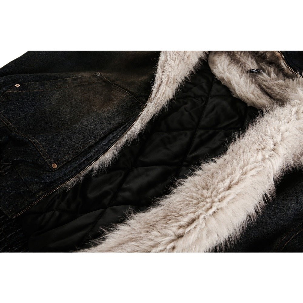 Fur - Lined Quilted Denim Jacket - Thrashink