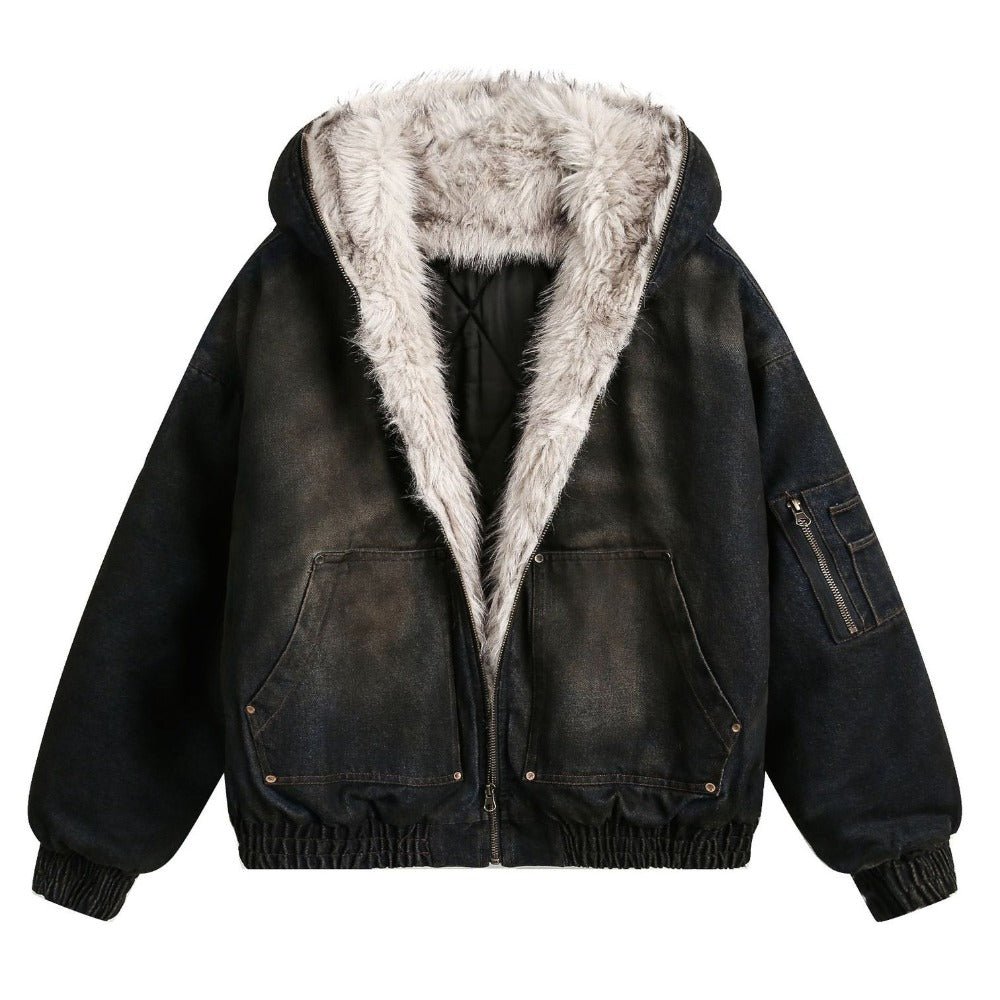 Fur - Lined Quilted Denim Jacket - Thrashink
