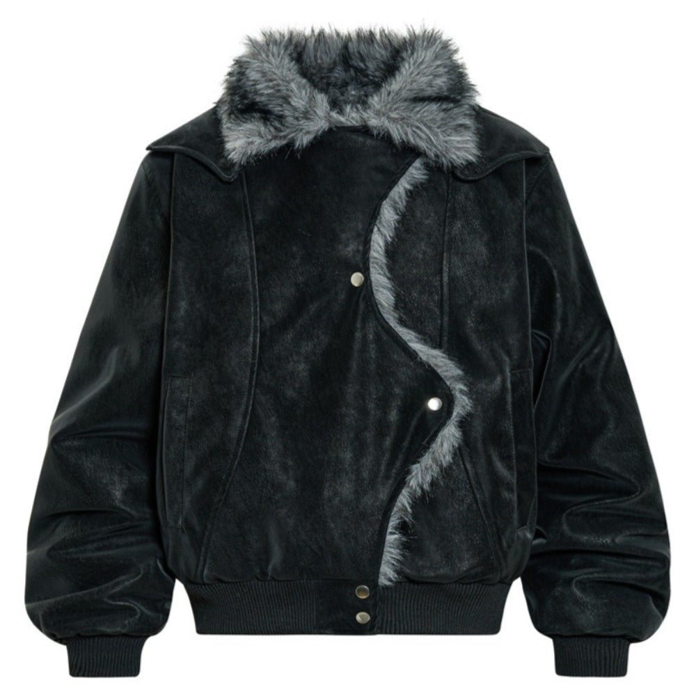 Fur - Trimmed Asymmetric Suede Bomber Jacket - Thrashink