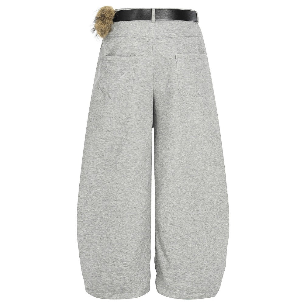 Furry Accent Belted Wide - Leg Sweat Pants - Thrashink