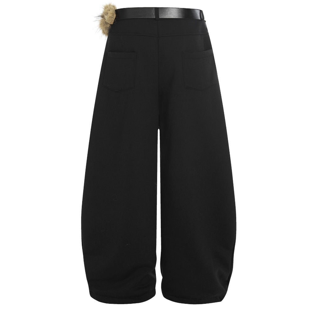 Furry Accent Belted Wide - Leg Sweat Pants - Thrashink