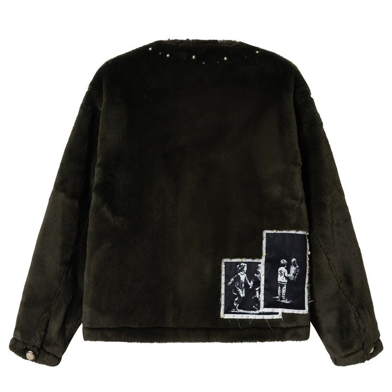 Fuzzy Beaded Comic Patch Collarless Padded Jacket - Thrashink