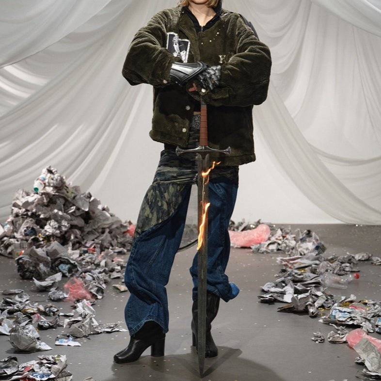 Fuzzy Beaded Comic Patch Collarless Padded Jacket - Thrashink