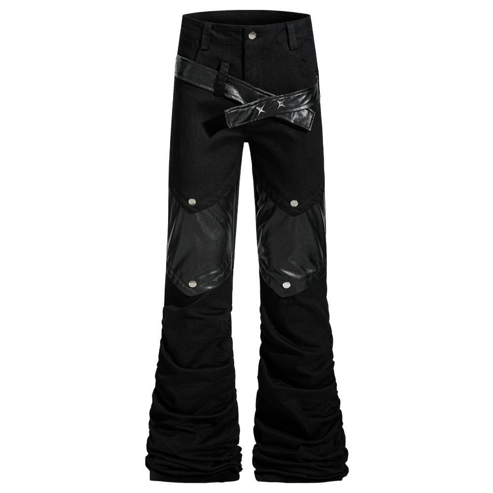 Goth Punk Faux Leather Patchwork Flared Pants - Thrashink