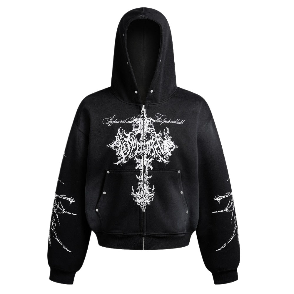 Gothic Cross Zip - Up Hoodie - Thrashink