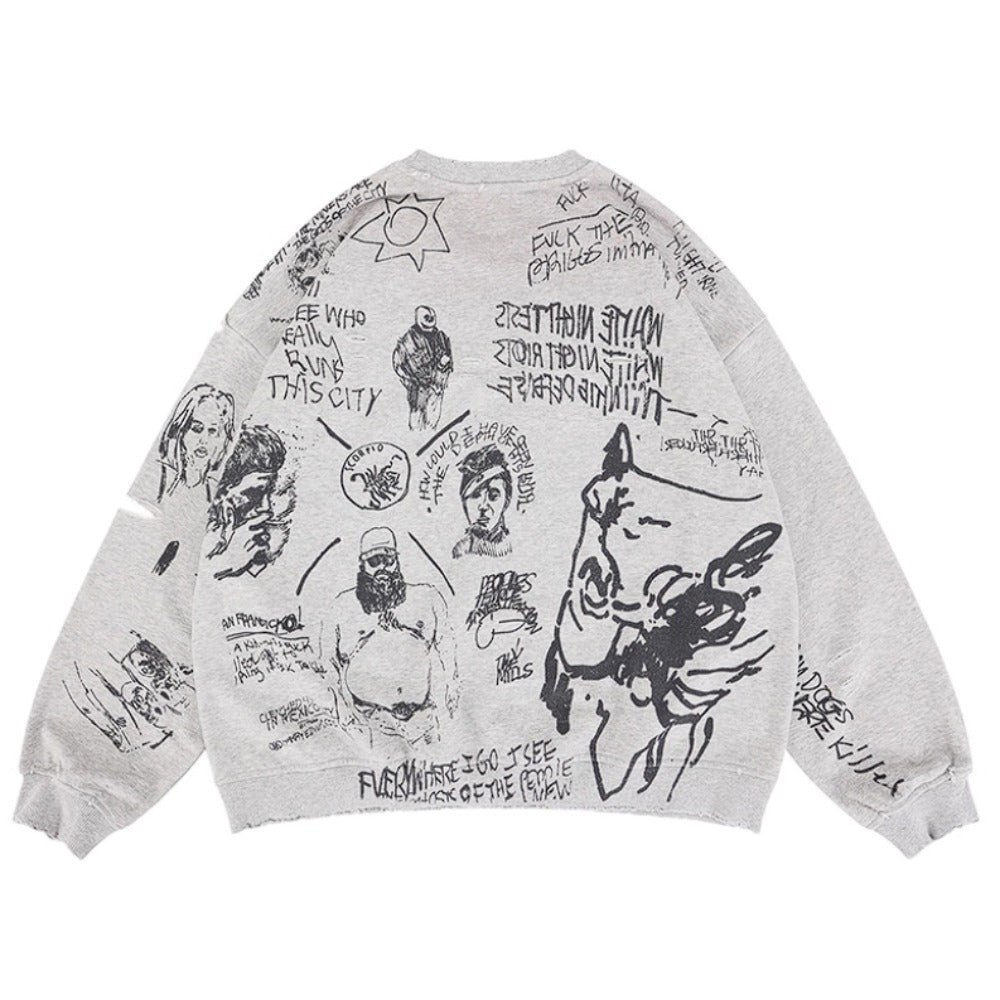 Graffiti Art Distressed Crewneck Sweatshirt - Thrashink