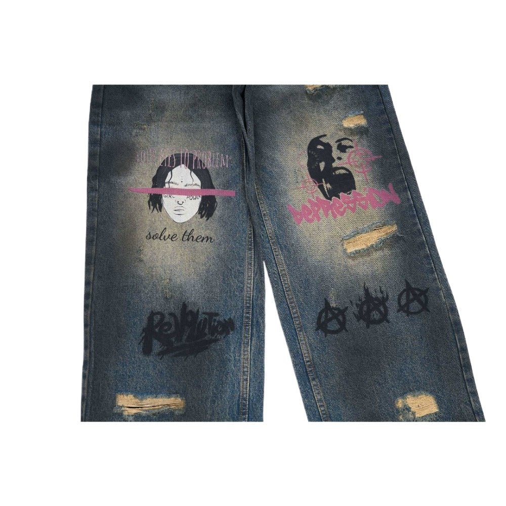 Graffiti & Distressed Rock Denim Jeans - Thrashink