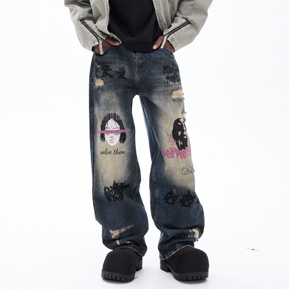 Graffiti & Distressed Rock Denim Jeans - Thrashink