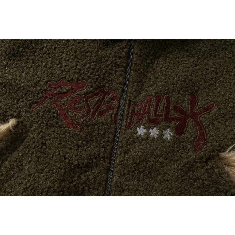Graffiti Embroidery Paneled Sherpa Jacket - Thrashink