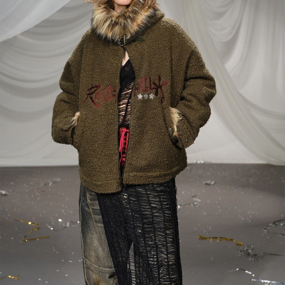 Graffiti Embroidery Paneled Sherpa Jacket - Thrashink