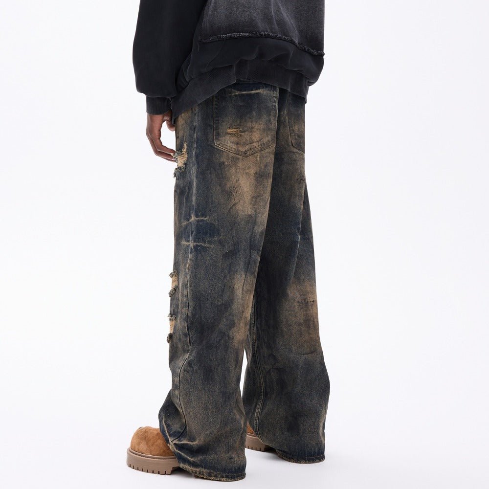 Heavy - Duty Washed Distressed Wide - Leg Jeans - Thrashink