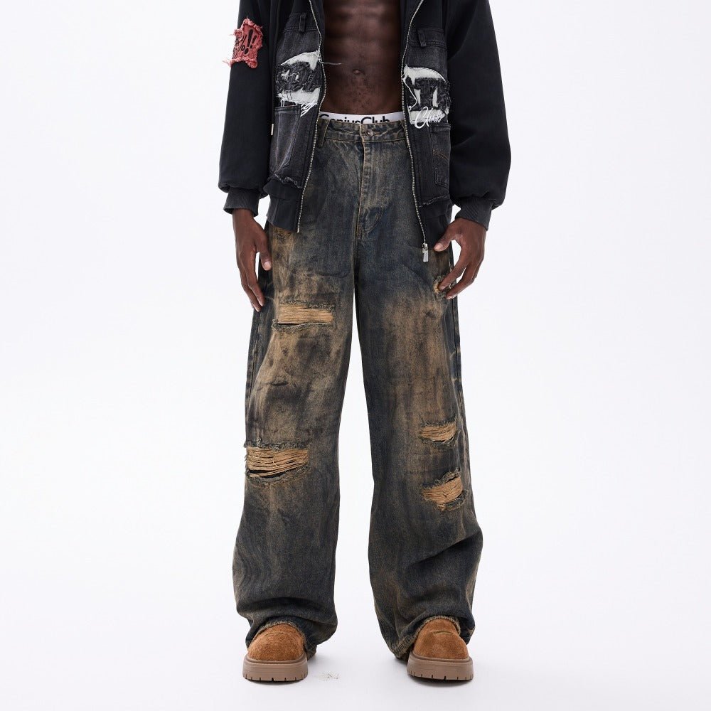 Heavy - Duty Washed Distressed Wide - Leg Jeans - Thrashink