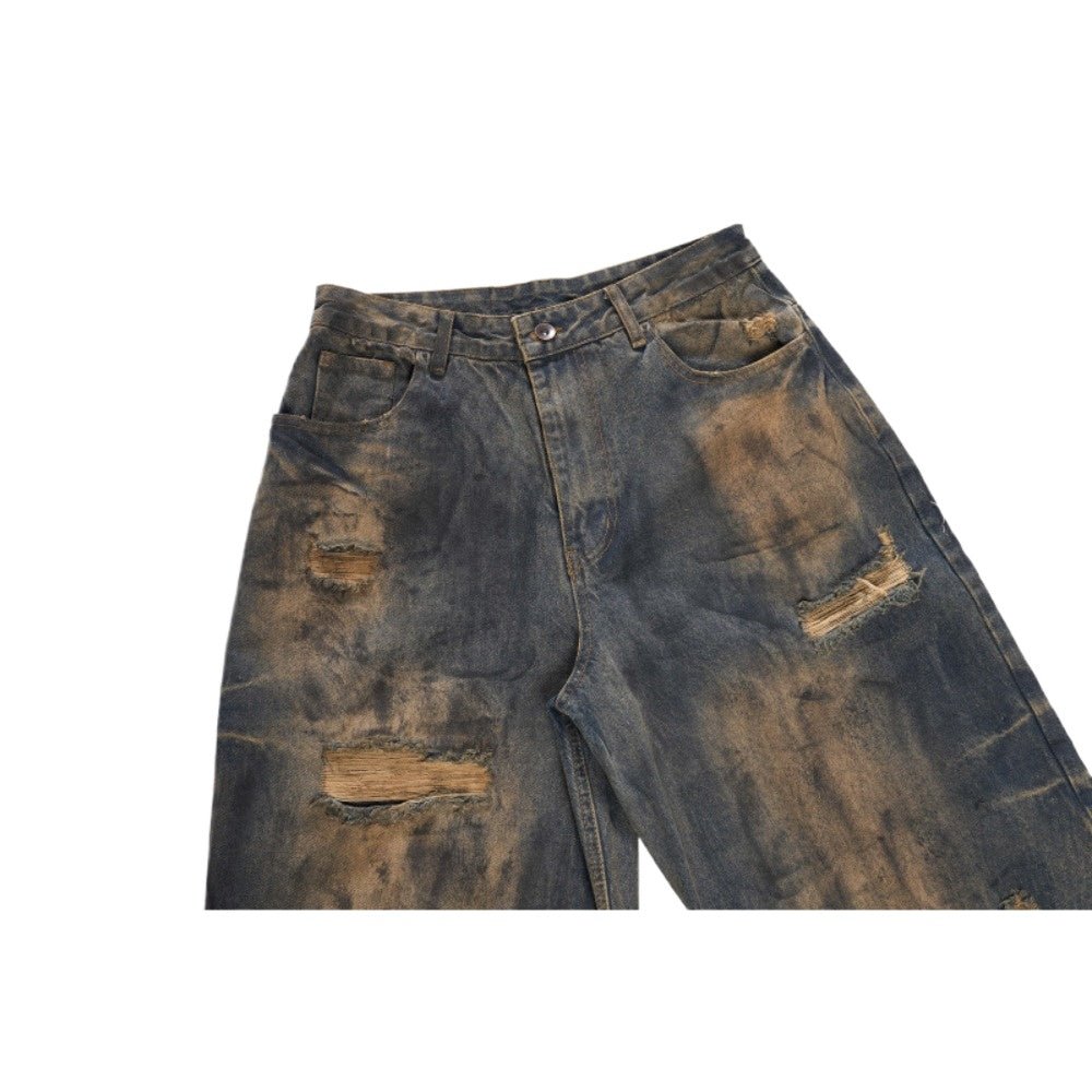 Heavy - Duty Washed Distressed Wide - Leg Jeans - Thrashink