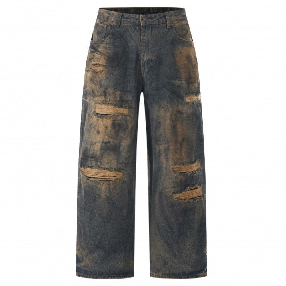 Heavy - Duty Washed Distressed Wide - Leg Jeans - Thrashink