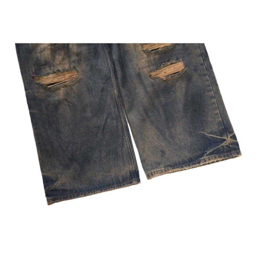 Heavy - Duty Washed Distressed Wide - Leg Jeans - Thrashink