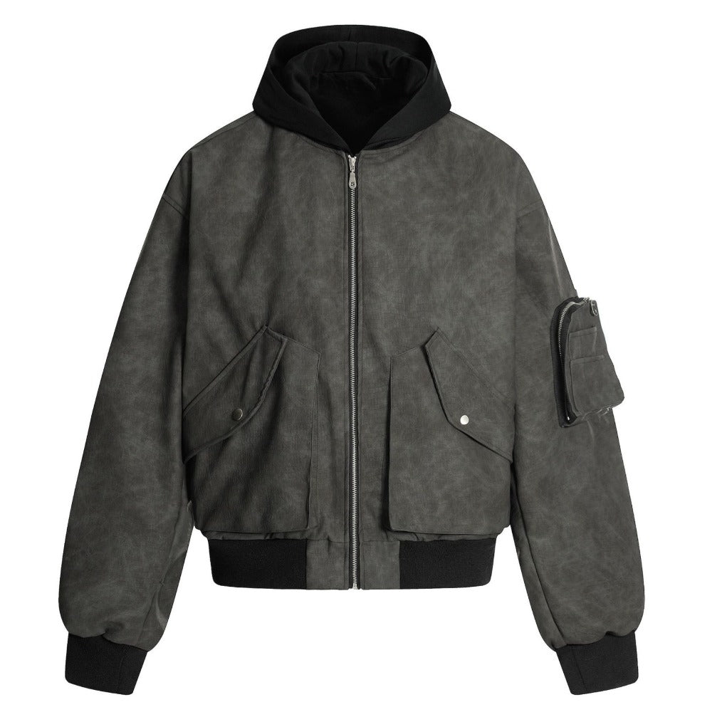 Hooded Suede - textured Bomber Jacket - Thrashink