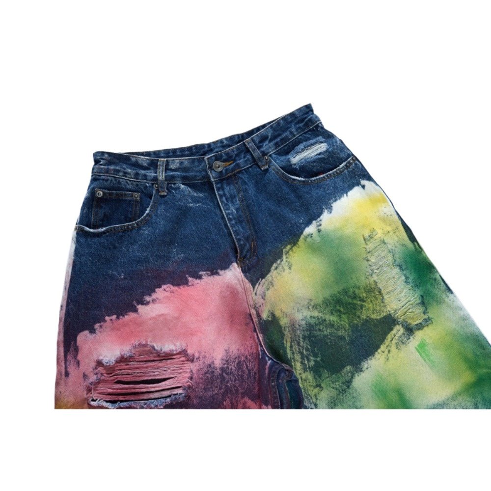 Ink - splashed Color Washed Graffiti Ripped Jeans - Thrashink