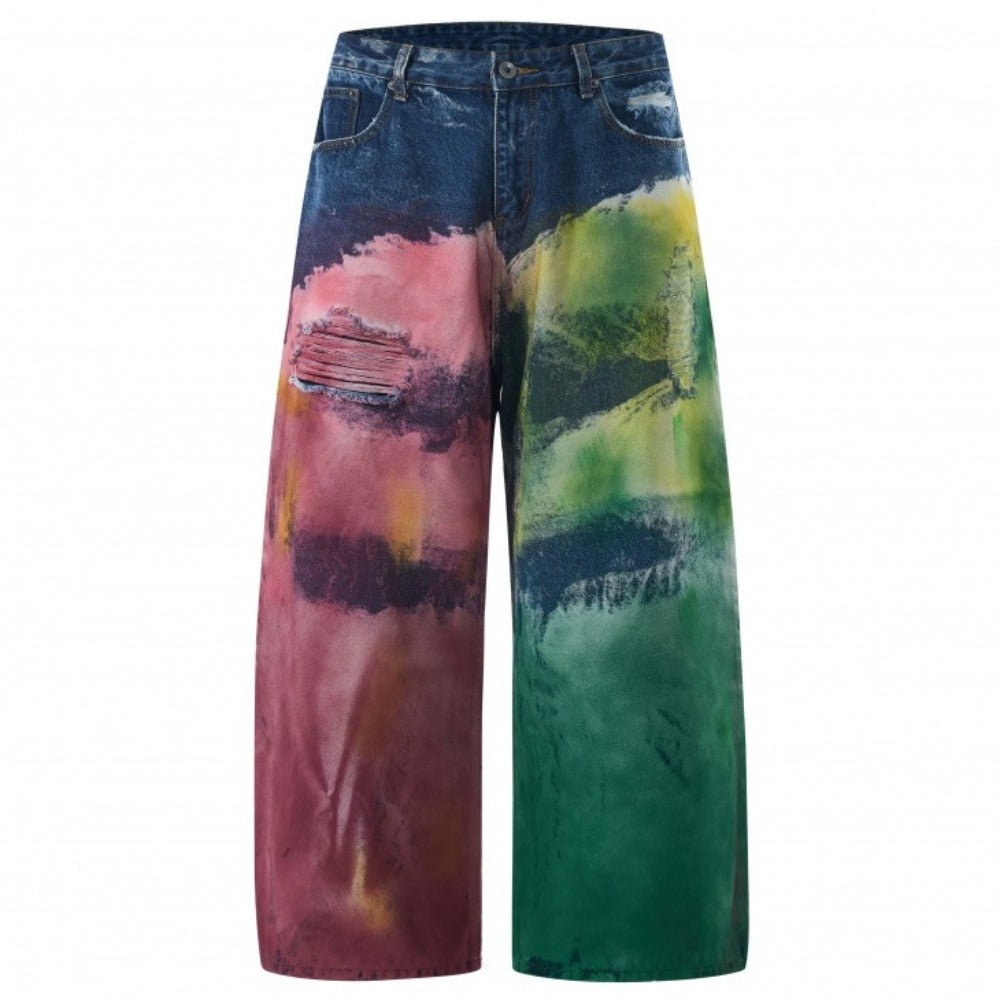 Ink - splashed Color Washed Graffiti Ripped Jeans - Thrashink