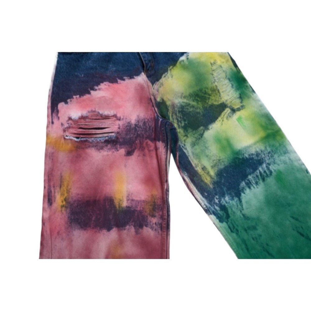 Ink - splashed Color Washed Graffiti Ripped Jeans - Thrashink