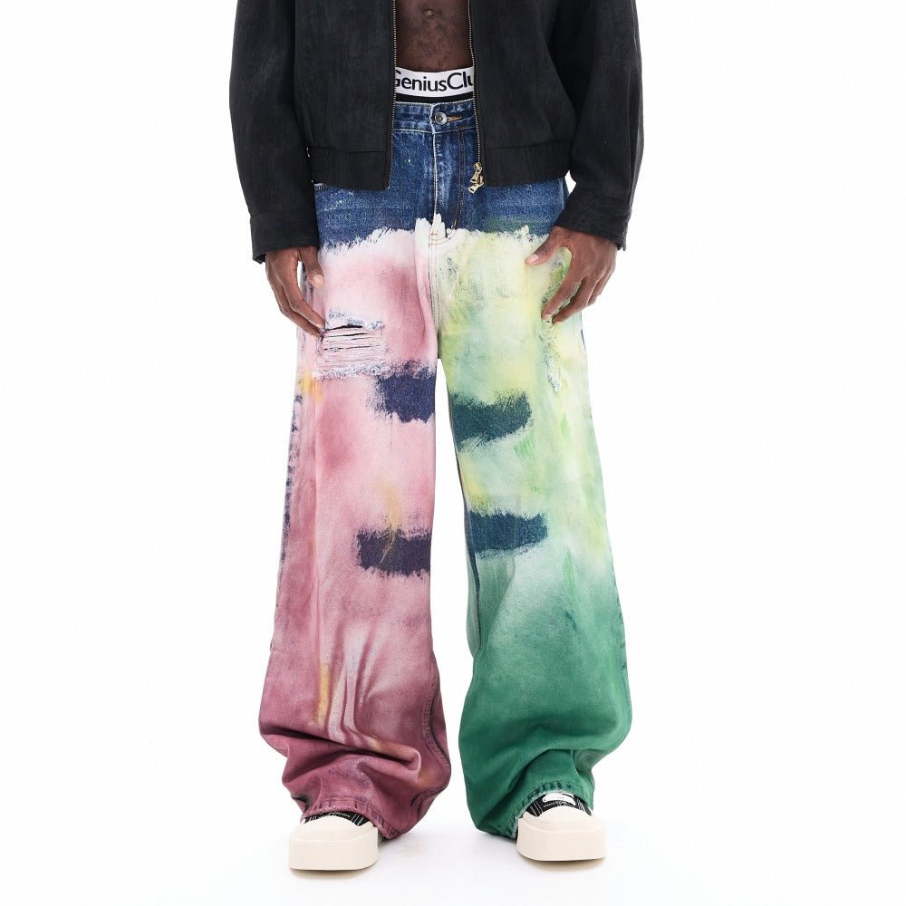 Ink - splashed Color Washed Graffiti Ripped Jeans - Thrashink