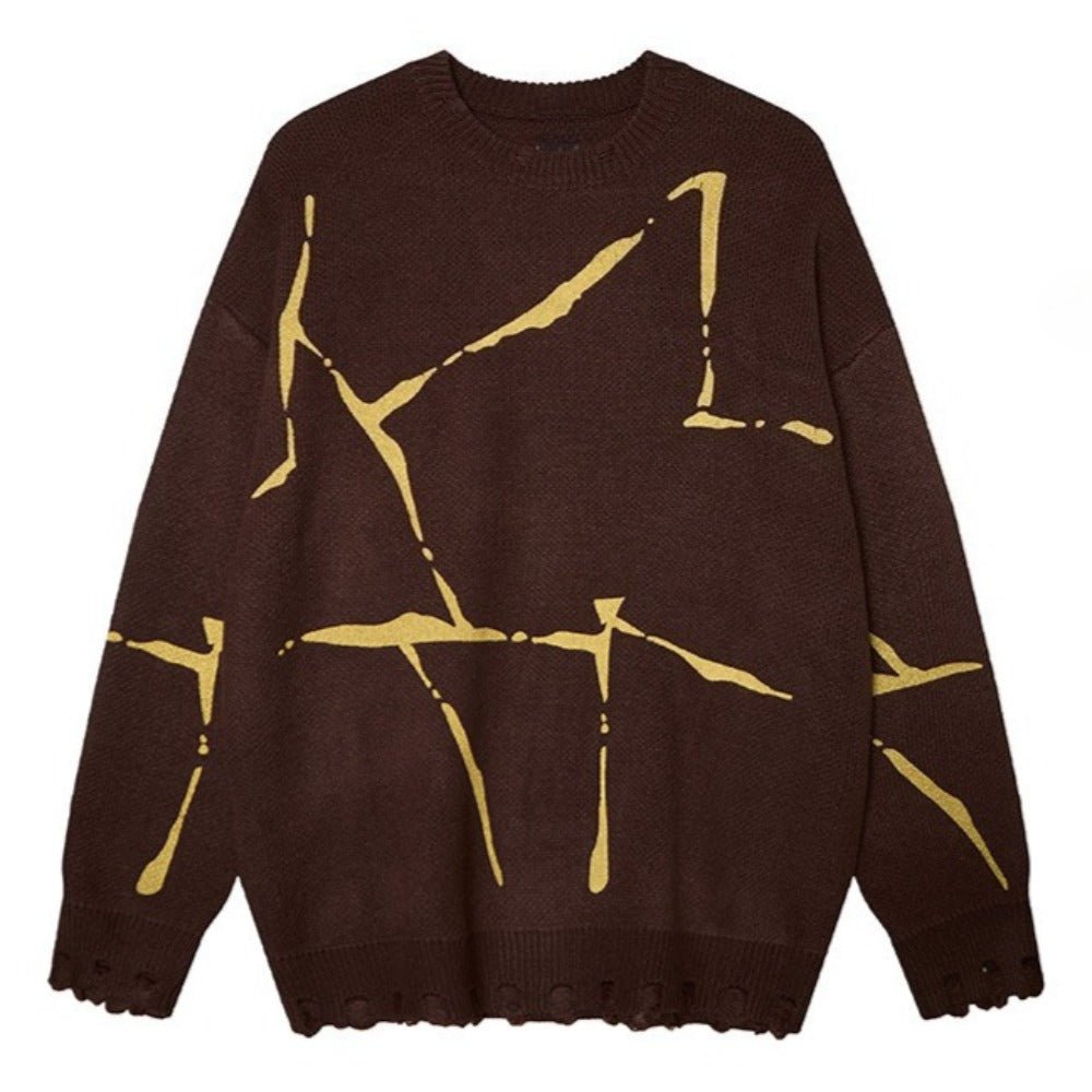 Irregular Line Print Loose Crewneck Sweater - Thrashink