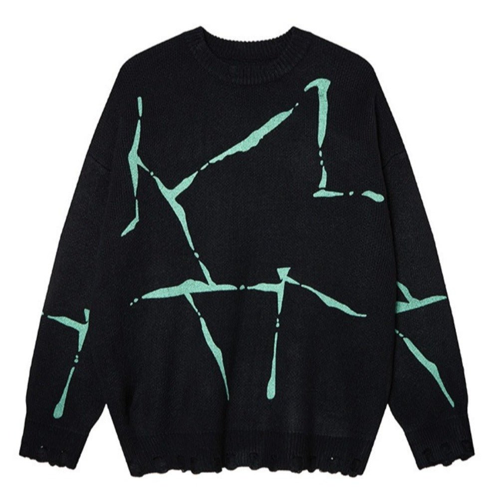 Irregular Line Print Loose Crewneck Sweater - Thrashink